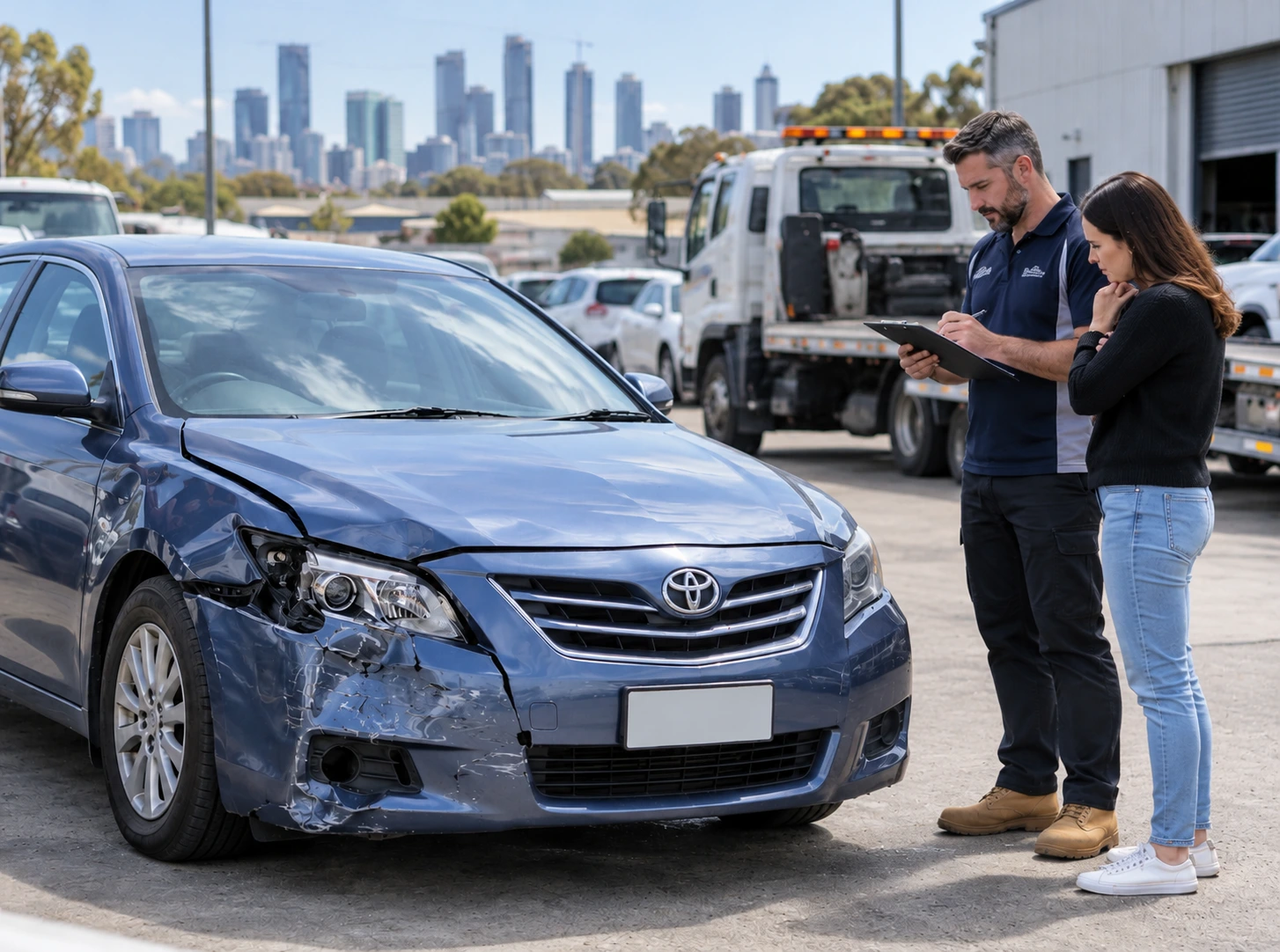Repairable write-off vehicle with front-end damage being inspected before sale in Western Australia